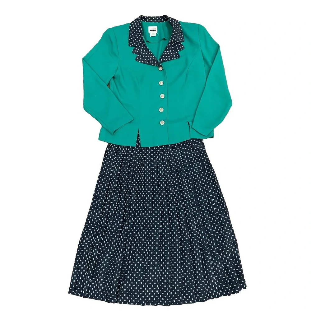 VTG Leslie Fay Skirt Set Green Navy‎ Pleated Blazer Skirt Cottagecore Grandma 12